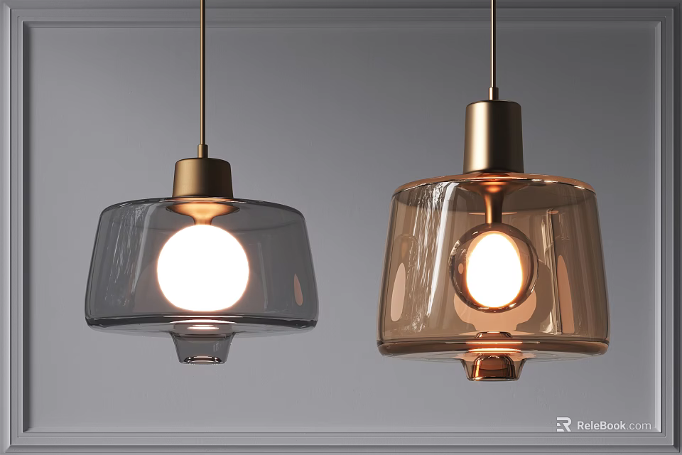 Contemporary Glass Pendant Lights In Gray And Brown With Gold Bases And Visible Bulbs 3d model 