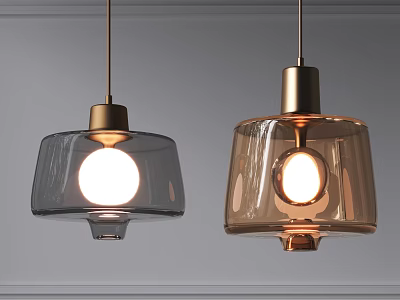 Contemporary Glass Pendant Lights In Gray And Brown With Gold Bases And Visible Bulbs 3d model
