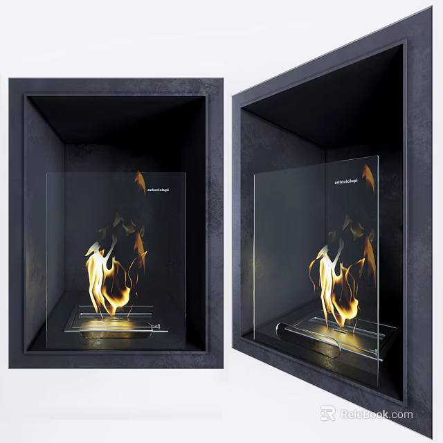 Modern Black Fireplace with Glass Panel and Realistic Flame Effect in Contemporary Interior 3d model 