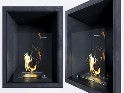 Modern Black Fireplace with Glass Panel and Realistic Flame Effect in Contemporary Interior 3d model