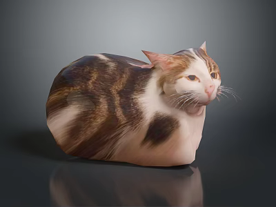 Cat With Round Body Brown White Black Fur Pointed Ears Yellow Eyes Gray Background Reflection 3d model