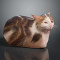Cat With Round Body Brown White Black Fur Pointed Ears Yellow Eyes Gray Background Reflection