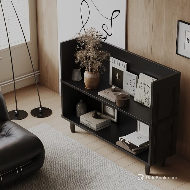 Modern Black Decorative Cabinet With Dried Plant Vase Books Frames And Wooden Wall 3d model 