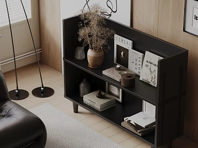 Modern Black Decorative Cabinet With Dried Plant Vase Books Frames And Wooden Wall 3d model