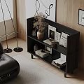Modern Black Decorative Cabinet With Dried Plant Vase Books Frames And Wooden Wall
