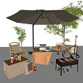 Outdoor Chair Setup With Umbrella Grill Drinks And Food In Garden Setting