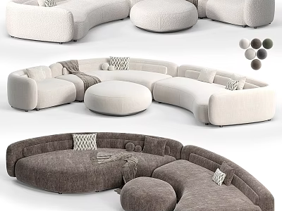 Curved Sectional Sofa In Neutral Beige Brown Tones With Throw Pillows And Round Ottoman 3d model