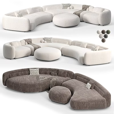Curved Sectional Sofa In Neutral Beige Brown Tones With Throw Pillows And Round Ottoman 3d model