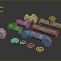 Rusty Metal Pipe Fittings With Various Shapes And Colorful Industrial Wheels On Dark Surface