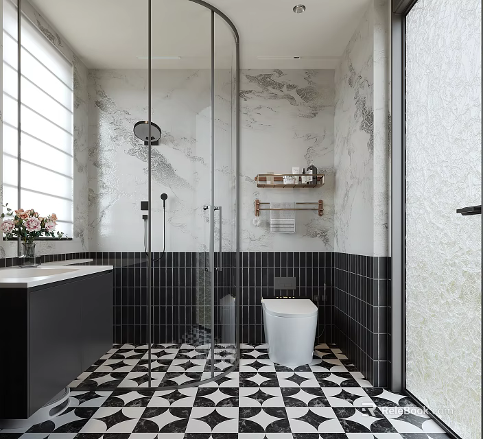 Modern Bathroom Interior Design With Glass Shower Toilet And Black White Checkerboard Floor 3d model 