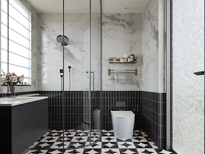Modern Bathroom Interior Design With Glass Shower Toilet And Black White Checkerboard Floor 3d model