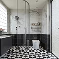 Modern Bathroom Interior Design With Glass Shower Toilet And Black White Checkerboard Floor