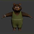 Cute Brown Cartoon Bear 3D Model With Open Arms Wearing Green Overalls