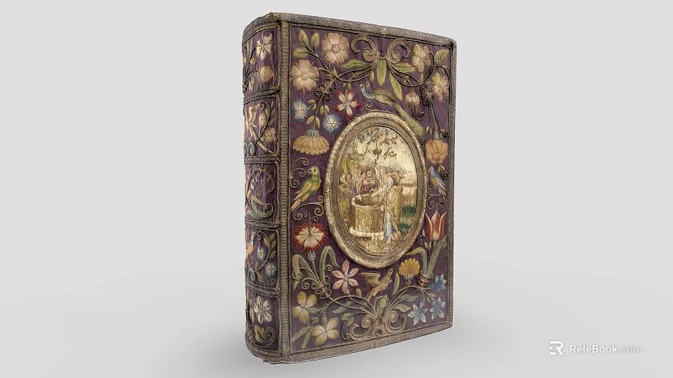 Antique Book With Ornate Floral Pattern Cover And Central Circular Painting 3d model 