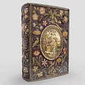 Antique Book With Ornate Floral Pattern Cover And Central Circular Painting