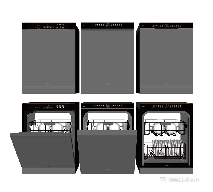 Kitchen Appliances Display Featuring Open And Closed Dishwashers With Utensils Inside 3d model 