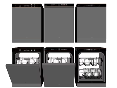Kitchen Appliances Display Featuring Open And Closed Dishwashers With Utensils Inside 3d model