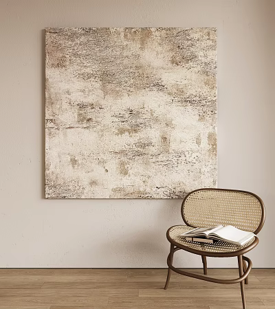 Abstract Neutral Tones Wall Art With Wicker Chair And Open Book In Room 3d model