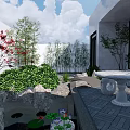 Courtyard Garden With Stone Patio Green Plants Round Table Rock Decorations And Water Feature