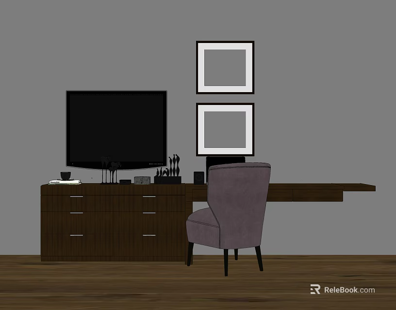 Dark Wooden Desk Setup With Gray Chair Framed Pictures And Items On Top 3d model 