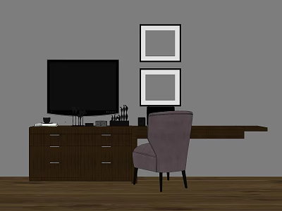 Dark Wooden Desk Setup With Gray Chair Framed Pictures And Items On Top 3d model