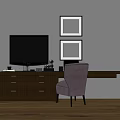 Dark Wooden Desk Setup With Gray Chair Framed Pictures And Items On Top