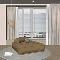 Modern Living Room Interior Featuring Beige Single-seater Sofa Light Gray Curtains Large Window And Pendant Light