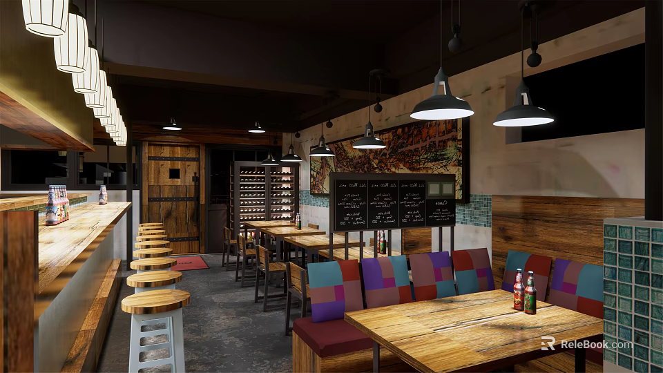 Bar Interior Design With Wooden Tables Colorful Seats Hanging Lamps And Menu Boards 3d model 
