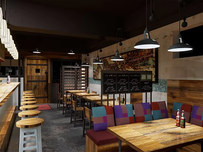 Bar Interior Design With Wooden Tables Colorful Seats Hanging Lamps And Menu Boards 3d model