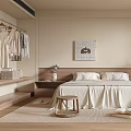 Modern Minimalist Bedroom Interior With Open Closet White Bed Sheets And Shutter Windows 3d model