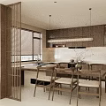 Modern Restaurant Interior Design With Wooden Partition Blinds Open Layout Dining Table And Chairs