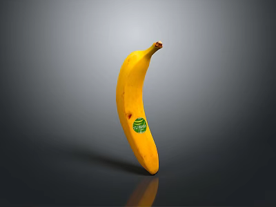 Fresh Yellow Banana Standing Upright on Black Surface with Green Sticker 3d model