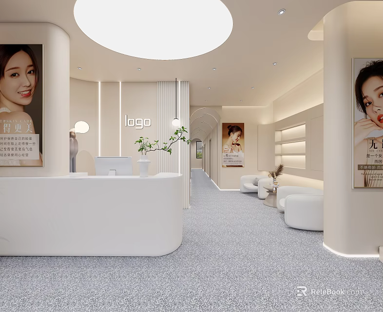 Modern Beauty Hair Salon Interior Design With Reception Desk Comfortable Sofas And Facial Posters 3d model 