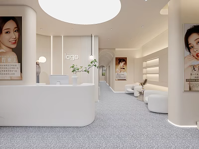 Modern Beauty Hair Salon Interior Design With Reception Desk Comfortable Sofas And Facial Posters 3d model