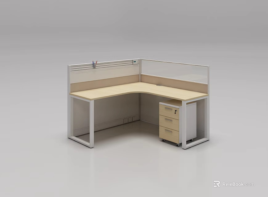 Modern L Shaped Office Desk With Partition Light Colored Surface And Drawer Cabinet 3d model 