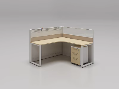 Modern L Shaped Office Desk With Partition Light Colored Surface And Drawer Cabinet 3d model
