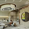 Modern Reception Area Featuring Stylish Desk Curved Lighting Decorative Mirror Marble Flooring And Sofa Seating