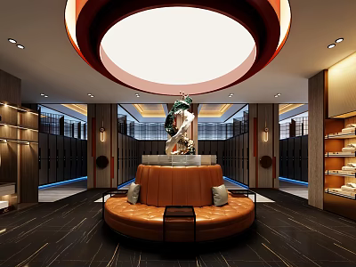 SPA Sauna Comfortable Lounge With Round Brown Sofa And Elegant Circular Pendant Light 3d model