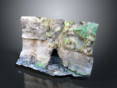 Layered Natural Rock Formation With Green Moss Covered Surface And Small Cave 3d model
