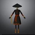 Traditional Asian Costume Character With Black Conical Hat Red Sash And Yellow Ribbon