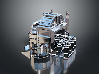 Cartoon Scene Featuring Futuristic Metallic Machine With Multiple Components And Reflective Surfaces 3d model