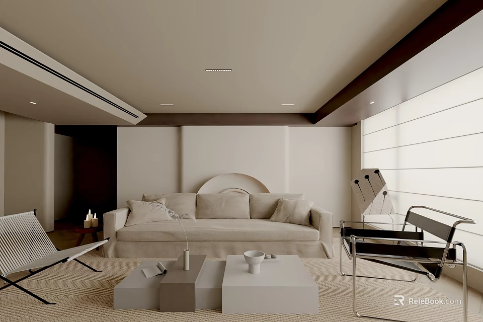 Modern Living Room Interior Design With Beige Sofa Minimalist Coffee Table And Soft Lighting 3d model 