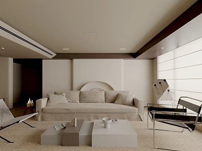 Modern Living Room Interior Design With Beige Sofa Minimalist Coffee Table And Soft Lighting 3d model