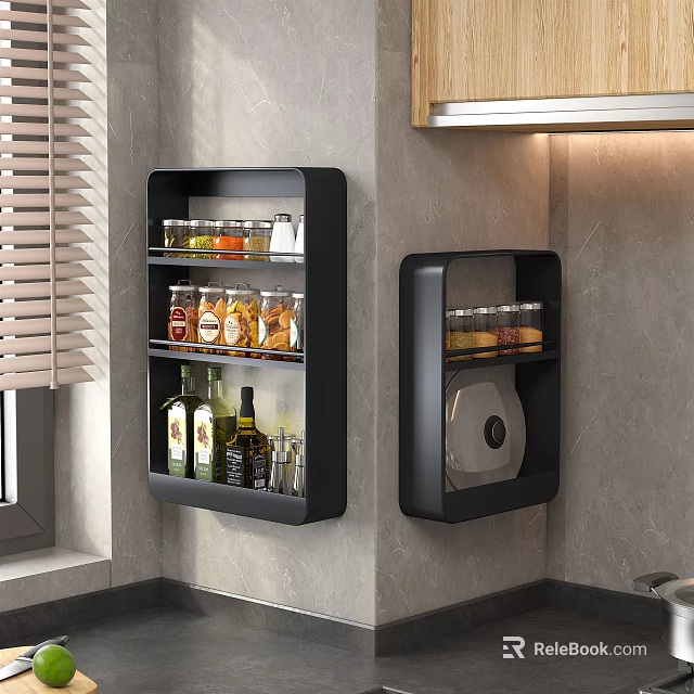 Black Wall Mounted Kitchen Cabinets Storing Spices And Wine Bottles 3d model 