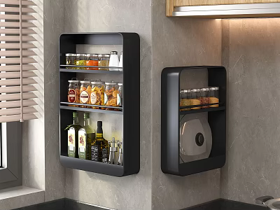Black Wall Mounted Kitchen Cabinets Storing Spices And Wine Bottles 3d model