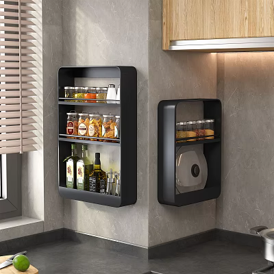 Black Wall Mounted Kitchen Cabinets Storing Spices And Wine Bottles 3d model