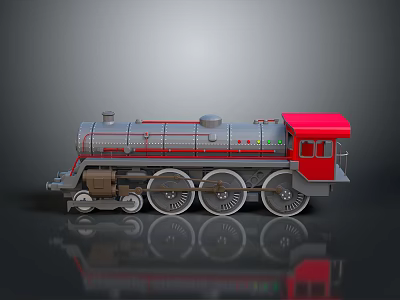 Detailed Steam Train Model With Gray Body And Red Cab Large Wheels And Reflective Surface 3d model