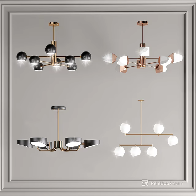Contemporary Pendant Lights Featuring Geometric Metal Frames Spherical Lamps And Black Gold Accents 3d model 