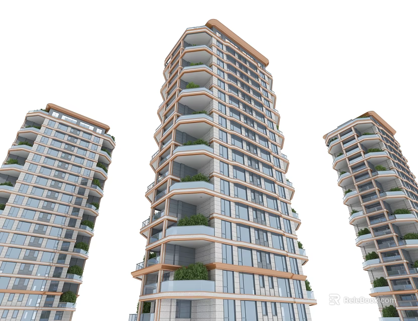 Modern High Rise Residential Buildings With Glass Facades Balconies And Green Plants 3d model 