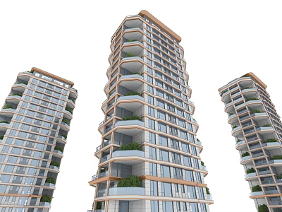 Modern High Rise Residential Buildings With Glass Facades Balconies And Green Plants 3d model